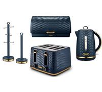 Tower Empire Blue Jug Kettle 4 Slice Toaster Bread Bin Mug Tree & Towel Pole Set