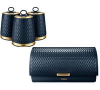 Tower Empire Bread Bin & Canisters Kitchen Set in Midnight Blue with Brass Accents. Art Deco Design Kitchen Storage Set