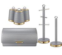 Tower Empire Bread Bin Canisters Mug Tree & Towel Pole Matching Set Grey