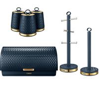 Tower Empire Bread Bin Canisters Mug Tree & Towel Pole Set Midnight Blue/Brass