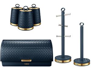 Tower Empire Bread Bin Canisters Mug Tree & Towel Pole Set Midnight Blue/Brass