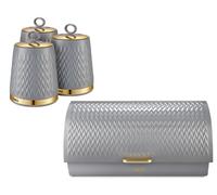 Tower Empire Bread Bin & Canisters Set in Grey with Brass Accents. Art Deco Design Kitchen Storage Set