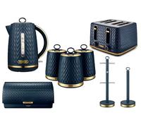 Tower Empire 5 Piece Kitchen Set, 3kW 1.7L Kettle, 4 Slice Toaster, Bread Bin, 3x 1.3L Canisters, Towel Pole & Mug Tree, Midnight Blue, EEJB467