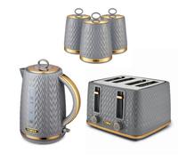 TOWER Empire Grey Kitchen Set Including Jug Kettle, 4 Slice Toaster and Set of 3 Tea, Coffee & Sugar Canisters. Matching Art Deco Design Kitchen Set of 5 Items in Grey with Brass Accents