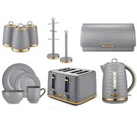 Tower Empire Grey Jug Kettle, 4 Slice Toaster, Bread Bin, Set of 3 Canisters, Mug Tree, Towel Pole & 16 Piece Dinner Set. Art Deco Design Matching Ultimate Kitchen Set in Grey with Brass Accents