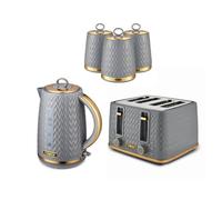 TOWER Empire Grey Kitchen Set Including Jug Kettle, 4 Slice Toaster and Set of 3 Tea, Coffee & Sugar Canisters. Matching Art Deco Design Kitchen Set of 5 Items in Grey with Brass Accents