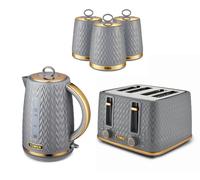 Tower Empire Grey Jug Kettle 4 Slice Toaster & Tea Coffee Sugar Canisters Set ompliant]