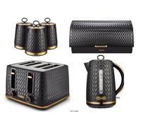 Tower Empire Kettle 4-Slice Toaster Bread Bin & 3 Canisters Set in Black & Brass ompliant]