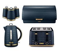 TOWER Empire Midnight Blue 3KW 1.7L Jug Kettle, 4 Slice Toaster, Roll Top Bread Bin and Set of 3 Tea, Coffee & Sugar Canisters. Stylish Art Deco Design Kitchen Set of 6 Items in Blue