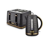 Tower Empire Kitchen Set, 1.7L Rapid Boil Kettle and 4 Slice Toaster, Black with Brass Accents, T10052BLK & T20061BLK
