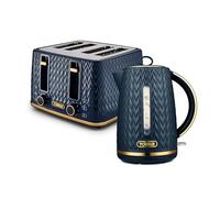 Tower Empire Kitchen Set, 1.7L Rapid Boil Kettle and 4 Slice Toaster, Midnight Blue with Brass Accents, T10052MNB & T20061MNB