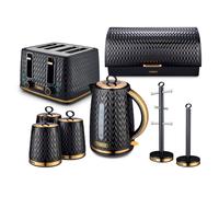Tower Empire Kitchen Set 5 Piece Bundle - 1.7L Kettle, 4 Slice Toaster, Bread Bin, Canisters, Mug Tree & Towel Pole Black, Brass, EEJB469