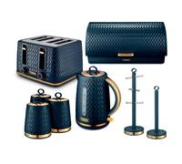 Tower Empire Kitchen Set 5 Piece Bundle - 1.7L Kettle, 4 Slice Toaster, Bread Bin, Canisters, Mug Tree & Towel Pole Blue - EEJB467