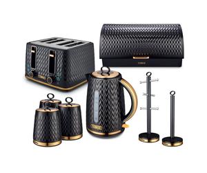 Tower Empire Kitchen Set 5 Piece Bundle - 1.7L Kettle, 4 Slice Toaster, Bread Bin, Canisters, Mug Tree & Towel Pole Black, Brass, EEJB469