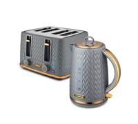 Tower Empire Kitchen Set, 1.7L Rapid Boil Kettle and 4 Slice Toaster, Grey with Brass Accents, T20061GRY & T10052GRY
