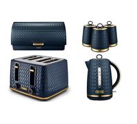 TOWER Empire Midnight Blue 3KW 1.7L Jug Kettle, 4 Slice Toaster, Roll Top Bread Bin and Set of 3 Tea, Coffee & Sugar Canisters. Stylish Art Deco