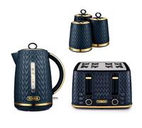 Tower Empire Midnight Blue 3Kw 1.7L Kettle, 4-Slice Toaster & 3 Canister Set With Brass Accents
