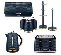 Tower Empire Midnight Blue 8-Piece Kitchen Set - 3Kw 1.7L Kettle, 4-Slice Toaster, Bread Bin, Canisters, Mug Tree & Towel Pole