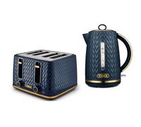 TOWER Empire Midnight Blue Jug Kettle and 4 Slice Toaster Set. Stylish Art Deco Design Kettle & 4 Slice Toaster Set in Blue