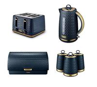 Tower Empire Midnight Blue Kitchen Set: 1.7L Kettle, 4-Slice Toaster, 3 Canisters & Bread Bin - Retro Art Deco Style