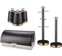 Tower Empire Roll-Top Bread Bin With Canisters, Mug Tree And Towel Pole Set Black With Brass Accents