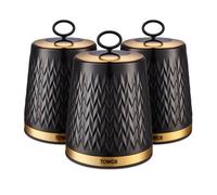 Tower T826091BLK Empire Set of 3 Storage Canisters for Tea Coffee Sugar, 1.3L, Black and Brass