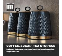 Tower Empire Tea, Coffee & Sugar Canisters Midnight Blue Brass Accents