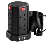 Tower Extension Lead 10M, (13A 3250W), 8 AC Outlets and 4 USB Ports Extension Tower, Surge Protection Extension Lead with 4 Independent Switch, 17W USB C Ports Extension Cable 10M for Office, Home