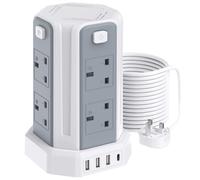 Tower Extension Lead 10M, (13A 3250W), 8 AC Outlets and 4 USB Ports Extension Tower, Surge Protection Extension Lead with 4 Independent Switch, 17W USB C Ports Extension Cable 10M for Office, Home