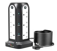 Tower Extension Lead,12 Way Surge Protected Extension Lead with 4 USB(5V 4.8A) Slots,2 USB-C(5V 3A),3250W Power Strip with 4 Individual Switches and 3M/9.8ft Extension Cable for Home,Office,School