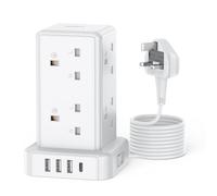 Tower Extension Lead 2M, 13A 3250W Surge Protector Extension Lead, 8 AC Outlets & 4 USB Ports Multi Plug Socket Power Strip with 3M Extension Cable for Home, Office