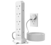 Tower Extension Lead 2m, 8 Way Socket Surge Protector with USC Ports Power Strip Multi Plug 3120W Safety Shutter for TV PC Laptops Tablets