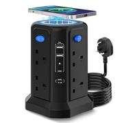 Tower Extension Lead 3M, [3250W 13A] 13-in-1 Power Strip with Top Wireless Charging Pad, 8 AC Outlets, 2 USB Ports, 2 Type-C Ports, 4 Individual Switches, Extension Lead tower for Home, Office, Cafe