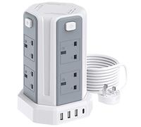 Tower Extension Lead 3M (3250W 13A) Extension Tower 8 AC Outlets & 4 USB Ports, Surge Protection Extension Lead with 4 Independent Switch, 17W USB C Ports Extension Cable 3M for Office, Home, Kitchen