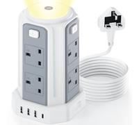 Tower Extension Lead 3M, (3250W 13A) Extension Tower with Night Light 8 AC Outlets & 4 USB Ports Surge Protection Extension Lead with 4 Independent Switch, Extension Cable 3M for Office, Home