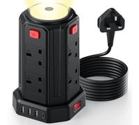 Tower Extension Lead 3M, (3250W 13A) Extension Tower with Night Light 8 AC Outlets & 4 USB Ports Surge Protection Extension Lead with 4 Independent Switch, Extension Cable 3M for Office, Home