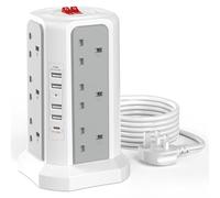 Tower Extension Lead 3M with 5 USB Slots and 20W USB C Fast Charger (13A 3250W), HAFINO 12 Way Plug Extension Tower, Surge Protected Extension Lead with Switch, Multi Plug Socket with Extension Cable