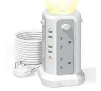 Tower Extension Lead 3M with PD20W USB C and Night Light, 8 Way Plug Extension Tower Surge Protection with 4 Independent Switch and 5 USB Slots, Extension Cable for Home Office, Gray and White