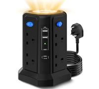 Tower Extension Lead 3M with USB Slots, (13A 3250W) PD 20W Fast Charger & Night Light, 4 USB Ports & 8 Way Surge Protected Extension Lead with 4 Independent Switch, Extension Cable for Home Office