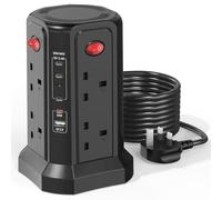 Tower Extension Lead 3M with USB Slots and PD 65W USB C Fast Charger, 5 USB Ports (4C1A) and 8 Way Surge Protected Extension Tower with Individula Switches, Extension Cable for Home, Office, Black