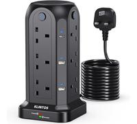 Tower Extension Lead 5M, 12 Way Extension Tower with 6 USB Slots (2 Type C & 4 USB A), [13A 3250W]Surge Protection Extension Lead with 4 Independent Switches, Multi Plug Extension for Home, Office