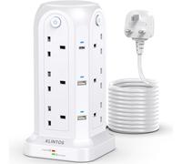 Tower Extension Lead 5M, 12 Way Surge Protection, 4 Individual Switches, 6 USB Slots [2 Type C & 4 USB A], White Tower for Home, Office