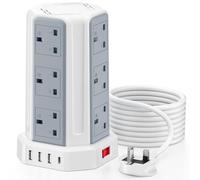 Tower Extension Lead 5M, [13A 3250W] 12 Way Extension Tower Multi Plug Extension Sockets with 4 USB Slots, Surge Protector Extension Cable 5M for Home, Office, Kitchen