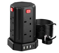 Tower Extension Lead 5M, (13A 3250W), 8 AC Outlets and 4 USB Ports Extension Tower, Surge Protection Extension Lead with 4 Independent Switch, 17W USB C Ports Extension Cable 3M for Office, Home