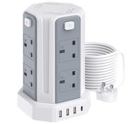 Tower Extension Lead 5M, (13A 3250W), 8 AC Outlets and 4 USB Ports Extension Tower, Surge Protection with 4 Independent Control Switch, Extension Cable for Office, Home, Kitchen