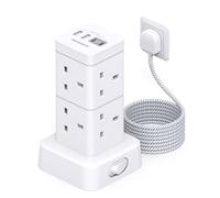 Tower Extension Lead 5M, 8 AC Outlets Multi Plug Power Strip[13A 3250W], Surge Protector Extension Lead with Switch, Extension Cable with 2 USB C Slots for Home, Office, Desk Accessories, Kitchen