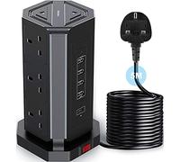 Tower Extension Lead 5M, NVEESHOX Vertical Power Strip Tower with 9 Way Surge Protector Multi Plug Extension and 1 USB-C Charging Port +4 USB for Laptop Phone Tablets