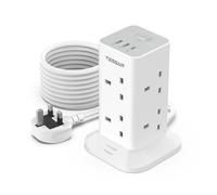 Tower Extension Lead 5M with 3 USB Slots, TESSAN 5 Metre Extension Cable 8 Way Multi Plug Socket, Surge Protected Power Strip with Switch for Home, Office