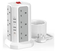 Tower Extension Lead 5M with USB Slots and PD 20W USB C Fast Charger, (13A 3250W) 12 Way Surge Protected Extension Tower 5 USB Ports, Extension Cable for Home, Office, Grey and White