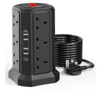 Tower Extension Lead 5M with USB Slots and PD 20W USB C Fast Charger, (13A 3250W) 5 USB Ports and 12 Way Surge Protection Extension Tower, Black Extension Cable for Home, Office